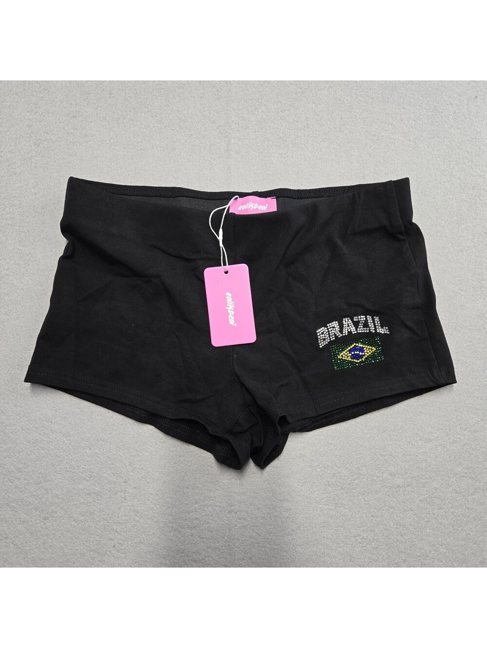 Edikted Brazil Rhinestone Low Rise Shorts Womens S Black Stretch Knit NWT S24845
